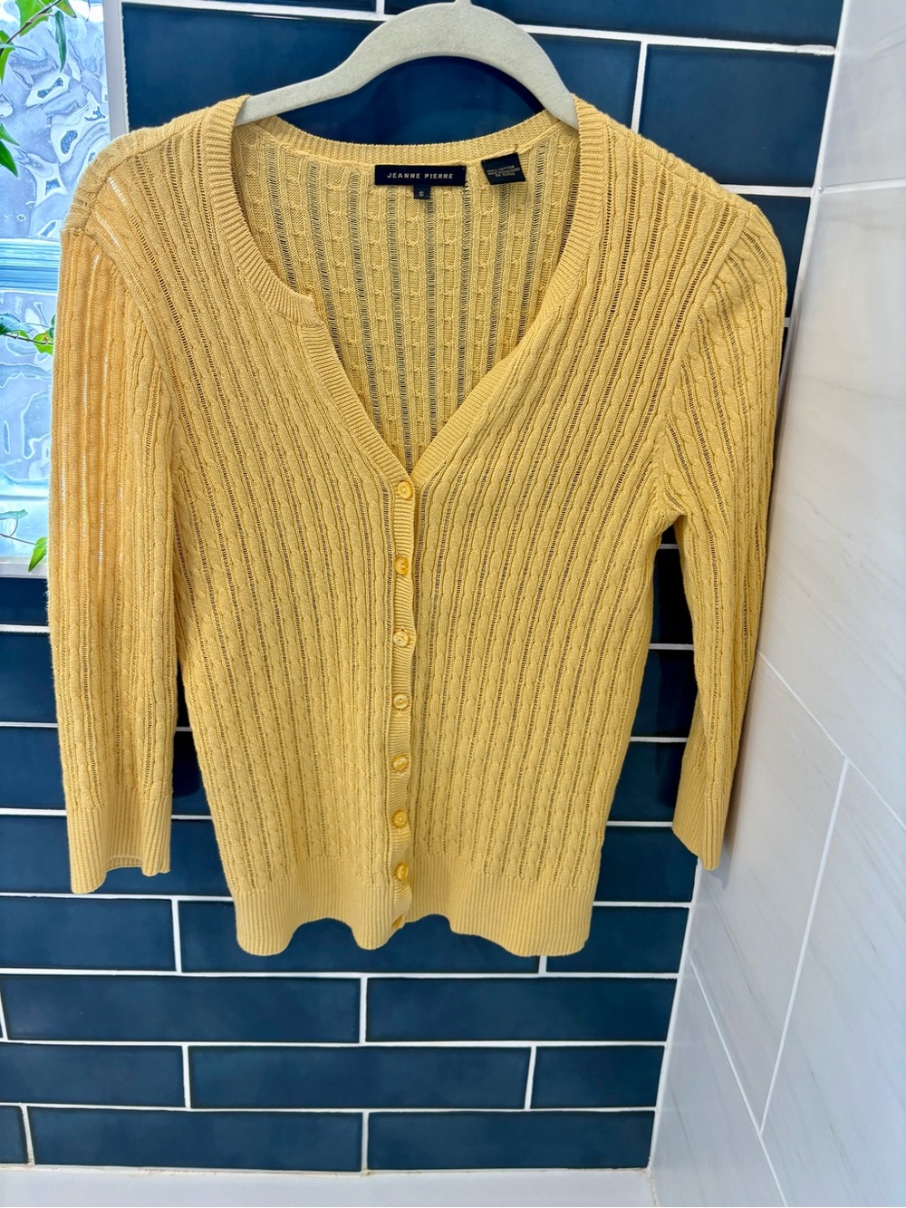 JEANNE PIERRE Yellow Ribbed Cable Button-Front Cardigan